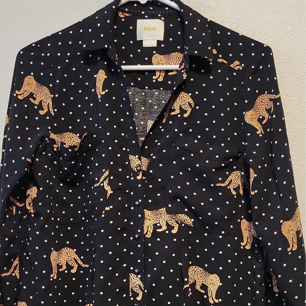 Maeve 4 Black Polka Dot Cheetah Button-Up Blouse Collared Long Sleeve Rayon - Picture 2 of 8